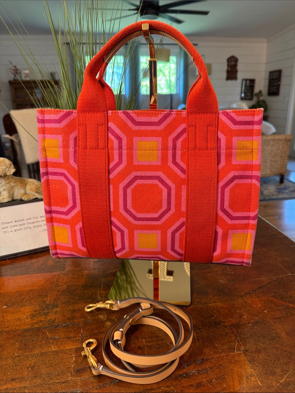 Tory Burch Red, Pink & Yellow Geometric Canvas Tote